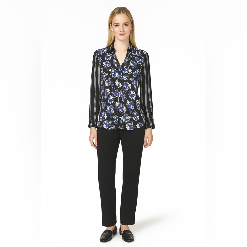 Express Women’s Portofino Button-Up Blouse Floral Stripes Roll Tab Blouse Size S